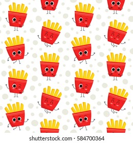 French fries, vector seamless pattern with cute fast food characters on dotted background