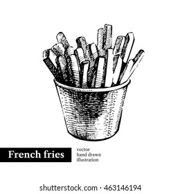 French fries. Vintage fast food hand drawn sketch illustration. Isolated background. Menu design