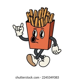 A french fries walking. Happy and cheerful emotions. Old animation 60s 70s smiled mascot character. Trendy illustration in retro style. Vector on isolated background.