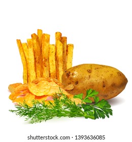 French fries whit green plants and potato chips low poly. Fresh, tasty potato chips. Tasty green parsley. Delicious and healthy lunch. French fries whit green dill in triangulation technique.