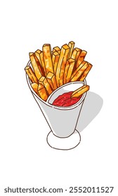 French fries in a white cup with tomato sauce issolated on white