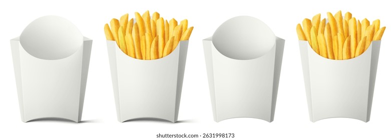 French fries in white paper bag isolated on a white background. Delicious French potato fast food pack boxes. Empty And Full. Realistic 3d vector illustration.