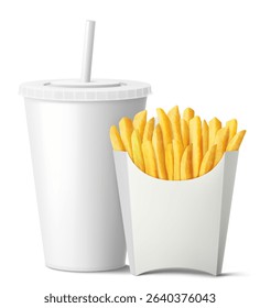 French fries in white paper bag and a drink in a white disposable cup with straw, isolated on white background. takeaway food and drinks, mockup. Realistic 3d vector illustration.