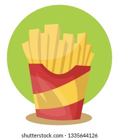 French fries in in yellow red pouch placed in green background vector color drawing or illustration.