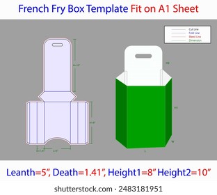 French Fry Box L 5, D 1.41, H1 8, H2 10 inches Die line Template. Editable Vector File