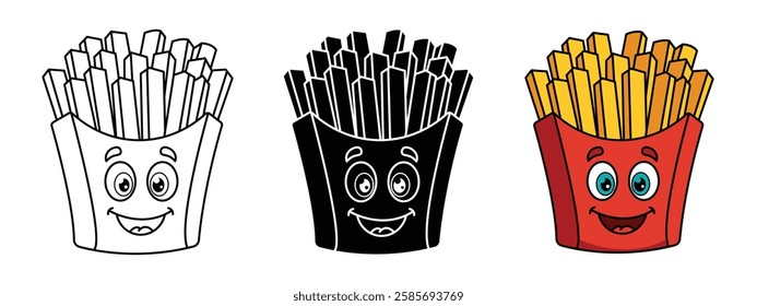 French fry cartoon characters funky and fun food black outline and colorful Illustrations on white background. Fully scalable and customizable for print and digital.