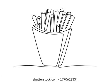 French fry in one continuous line for logo. Fried potato sticks in modern single line drawing style for posters. Black linear sketch isolated on white background. Vector illustration