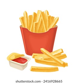 French fry stick potato in red paper box. Plastic open container with ketchup. Vector color realistic illustration. Hand drawn isolated design element for menu, poster, web icon