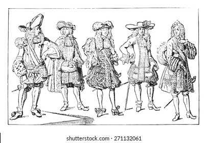 French gentlemen (1675-1694), vintage engraved illustration. Industrial encyclopedia E.-O. Lami - 1875. 