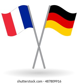 French and German crossed flags. France combined with Germany isolated on white. Language learning, international business or travel concept.