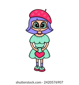 french girl with heart bag. Vector Illustration for printing, backgrounds, covers and packaging. Image can be used for greeting cards, posters, stickers and textile. Isolated on white background.