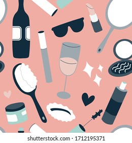 French girl makeup kit: wine, glass,mirror,lipstick,mascara, seamless pattern stock vector illustration isolated on white background.