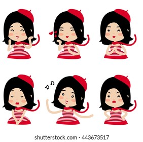 French girl in red  hat vector set. Personage design.