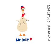 French goose and lettering "Hello" in French. French style goose. Vector illustration cartoon bird dressed in French style in beret. Good for posters, t shirts, postcards.