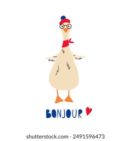 French goose and lettering "Hello" in French. French style goose. Vector illustration cartoon bird dressed in French style in beret. Good for posters, t shirts, postcards.