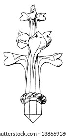 French Gothic Finial, three dimensional cross, made out of stone, serves to decorate Spires, Pinnacles, tombs, vintage line drawing or engraving illustration.