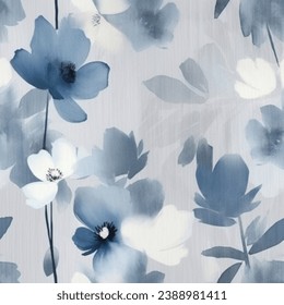 French Grey and Blue Flower Abstract Watercolor Line Art Scandinavian Design Seamless Pattern Wallpaper Fabric Curtain Bedding Background
