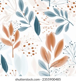 French Grey Brown Aqua Terra Colorful Leaf Fern Flower Garden Abstract Watercolor Scandinavian Design Seamless Pattern Wallpaper Curtain Bedding Background Vector