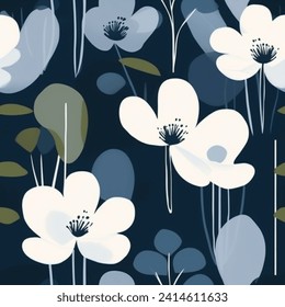 French Grey Flower Leaf Abstract Watercolor Line Art Contemporary  Scandinavian Design Seamless Pattern Wallpaper Fabric Curtain Bedding Background
