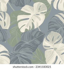 French Grey Forest Green Abstract Monstera  Leaf Watercolor Scandinavian Design Fabric Bedding Curtain Wallpaper 