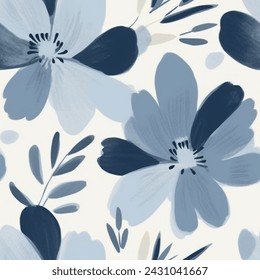 French Grey Poppy Wild Flower Leaf Fern  Abstract Watercolor Line Art Scandinavian Blue and White Design Seamless Pattern Wallpaper Fabric Curtain Bedding White Background