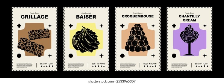 Parrilla francesa, baiser, croquembouse, crema de Chantilly. Diseño de etiqueta o cartel de Precio. Conjunto de Ilustraciones vectoriales. Tipografía. Estilo de grabado. Etiquetas, cubierta, impresión de camiseta, pintura.