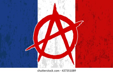 French grunge flag with red sign anarchy. Vector image
