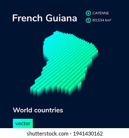 French Guiana 3D map. Stylized neon simple digital isometric striped vector French Guiana map, with 3d effect.  Map of French Guiana is in green and mint colors on the dark blue background