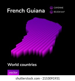 French Guiana 3D map. Stylized neon simple digital isometric striped vector Map is in violet colors on black background. Educational banner