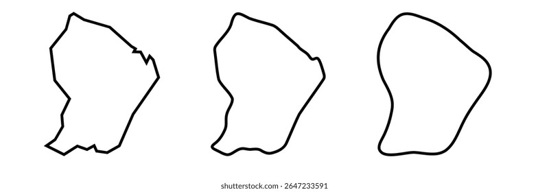 Silhuetas contorno preto da Guiana Francesa em três diferentes níveis de suavidade. Mapas simplificados. Ícones de vetor isolados no plano de fundo branco.