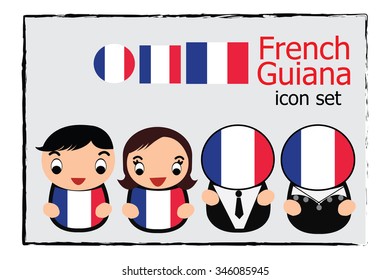 French Guiana boy, girl, businessman, business women cartoon vector illustration and French Guiana round, square and normal flag icon set
