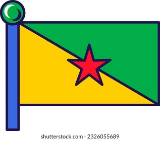 French guiana country flag on flagpole vector. Red star on centre of green and yellow color background. National and traditional symbolic of republic territory flat cartoon illustration