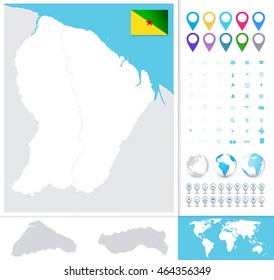 French Guiana detailed outline map and icons. D.I.Y.infographic set. All elements are separated in editable layers clearly labeled.