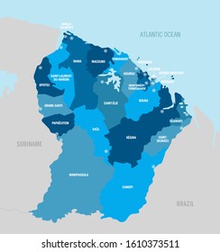 French Guiana Guyana political map. Vector illustration with separated departments, provinces and cities.