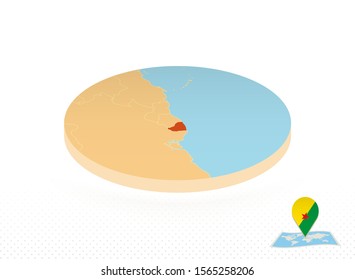 French Guiana map designed in isometric style, orange circle map of French Guiana for web, infographic and more.