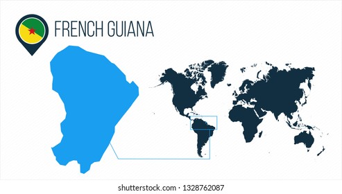 French Guiana map located on a world map with flag and map pointer or pin. Infographic map. Vector illustration isolated on white background.