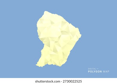 Mapa de la Guayana Francesa en estilo de Vector de polígono bajo, ilustración de forma geométrica con tonos amarillos suaves sobre fondo azul, silueta limpia para infografía.