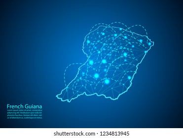 french Guiana map with nodes linked by lines. concept of global communication and business. Dark french Guiana map created from white dots with travel locations or internet connection.