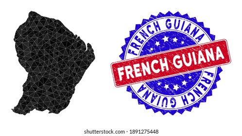 French Guiana map polygonal mesh with filled triangles, and rough bicolor stamp seal. Triangle mosaic French Guiana map with mesh vector model, triangles have various sizes, and positions,