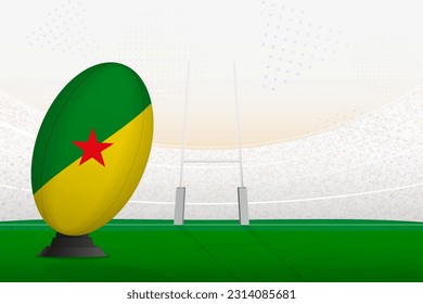 French Guiana national team rugby ball on rugby stadium and goal posts, preparing for a penalty or free kick. Vector illustration.