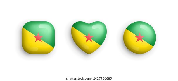 French Guiana Official National Flag 3D Vector Glossy Icons In Rounded Square, Heart And Circle Shapes Isolate On White. Guyanese Sign And Symbols Graphic Design Elements Volumetric Buttons Collection svg