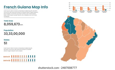 French Guiana political map of administrative divisions states, Colorful states in French Guiana map infographic, French Guiana Map Info, French Guiana Population.