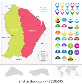 French Guiana Political Map and Flat Icon Set.