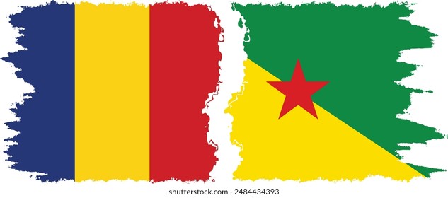 French Guiana and Romania grunge flags connection, vector