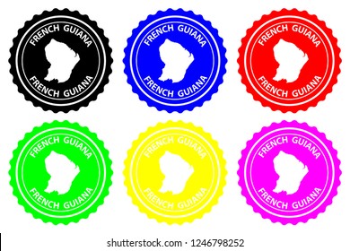 French Guiana - rubber stamp - vector, French Guiana map pattern - sticker - black, blue, green, yellow, purple and red