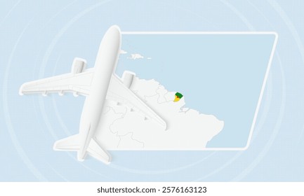 French Guiana Travel Illustration with Plane and National Flag. Ideal for travel agencies, promotional materials, or geographic content related to French Guiana.