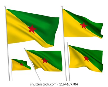 French Guiana vector flags set. 5 different wavy fabric 3D flags fluttering on the wind. EPS 8 created using gradient meshes isolated on white background. Five design elements from world collection