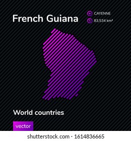 French Guiana vector flat neon digital striped stylized map in trend violet colors on black background