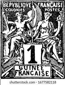 French Guinea Stamp (1 centime) from 1892, a small adhesive piece of paper was stuck to something to show an amount of money paid, vintage line drawing or engraving illustration.