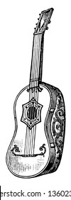 French Guitar having usually six strings stretched over a violin shaped body, vintage line drawing or engraving illustration.